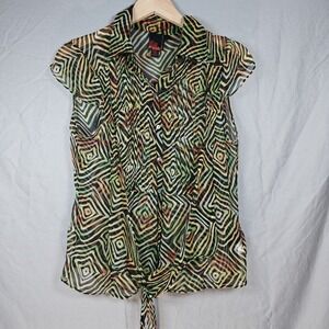 DS Debbie Shuchat Silk Size 12 Women's Whimsy Geometric Pattern Sheer Top Button